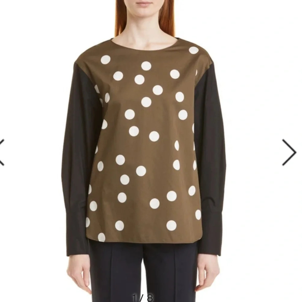Akris Punto Olive Green Polka Dot Blouse with Black Sleeves